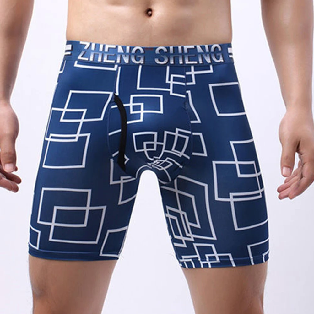 

Men Printed Long Leg Shorts Ice Silk Seamless Panties Soft Boxer Briefs Comfortable Underpants Sports Gym Underwear Plaid Boxer
