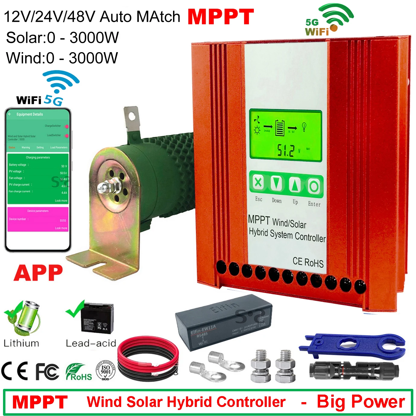 

5000W MPPT Hybrid Wind Solar Charge Discharge Booster Controller WIFI Monitor For 12V 24V 48V Lifepo4 Lithium Lead Acid Battery