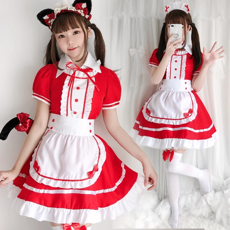 

Women Girls JP Anime Kawaii Red Cat Maid Lolita Dresses Apron Halloween Cosplay Costume Party Role Play Dress Up Waitress Outfit