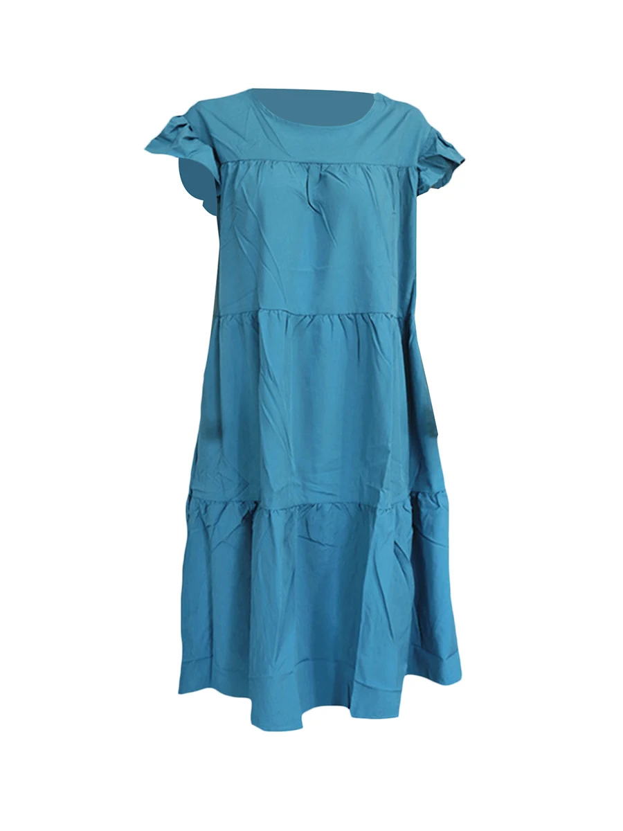 

Women Summer Casual Babydoll Ruffle Sleeve Round Neck Mini Dress Solid Color Loose Fit Short Flowy Pleated Dress