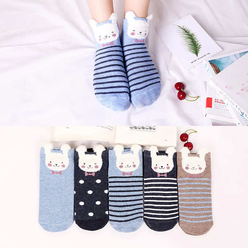 5Pairs/set Cartoon Women's Socks Casual Boat Socks 3D Pack Harajuku Animal Cute Invisible Funny Girl Ankle Sock Low Tube Hosiery