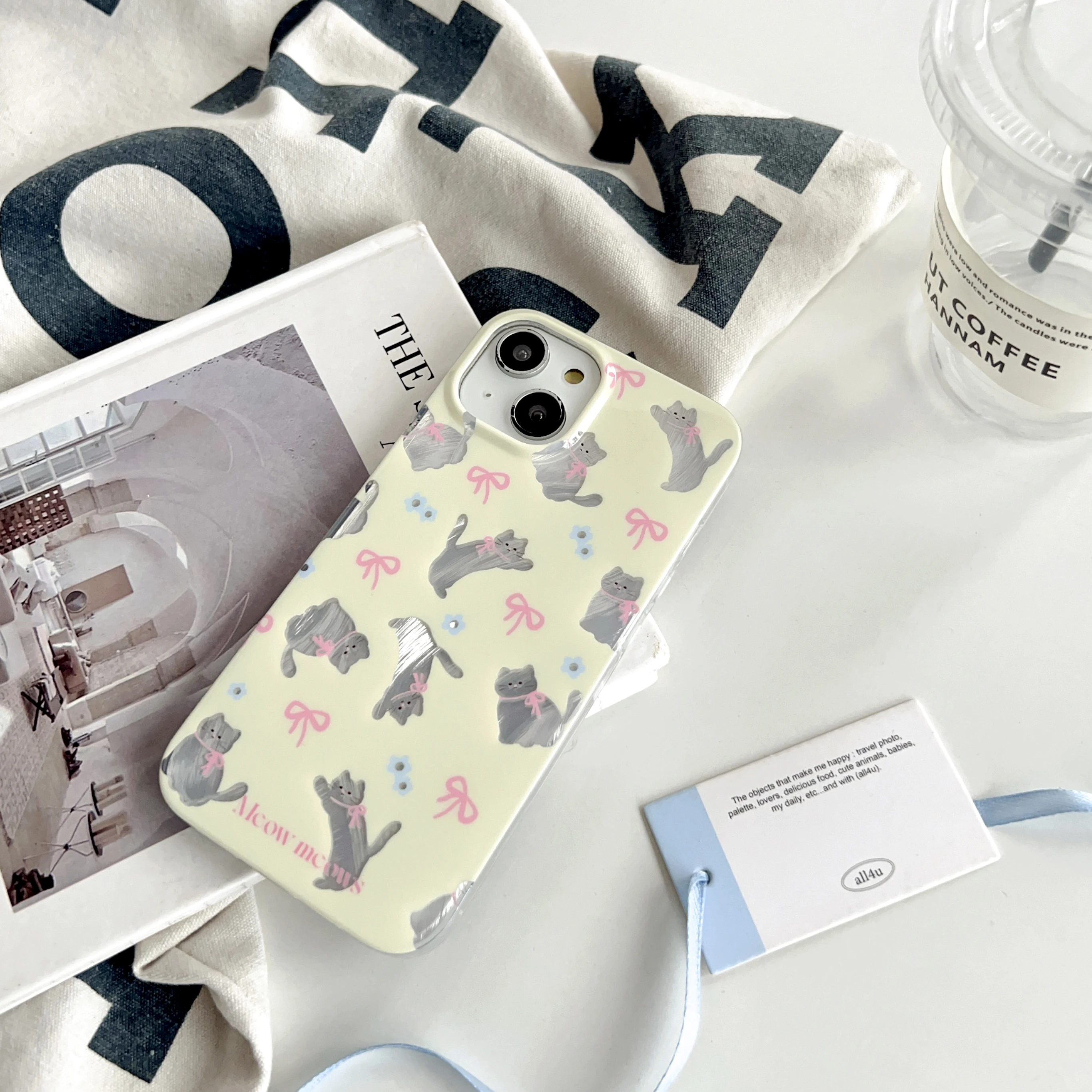 Чехол для iPhone 15 14 13 Pro Max 12 Plus с милым мультяшным котом розовым бантом лазерным