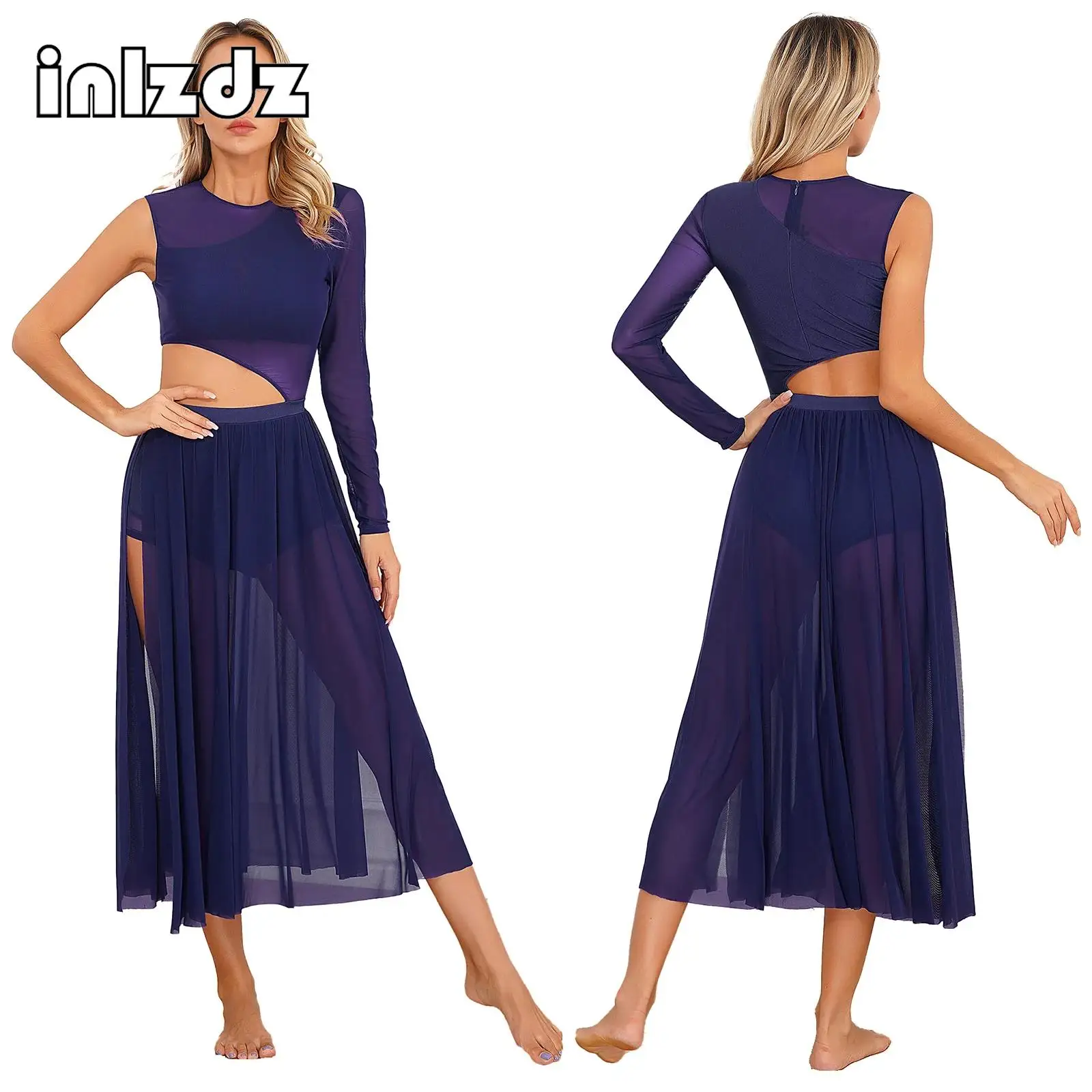 Женское лирическое платье на одно плечо для современных танцев с разрезами по