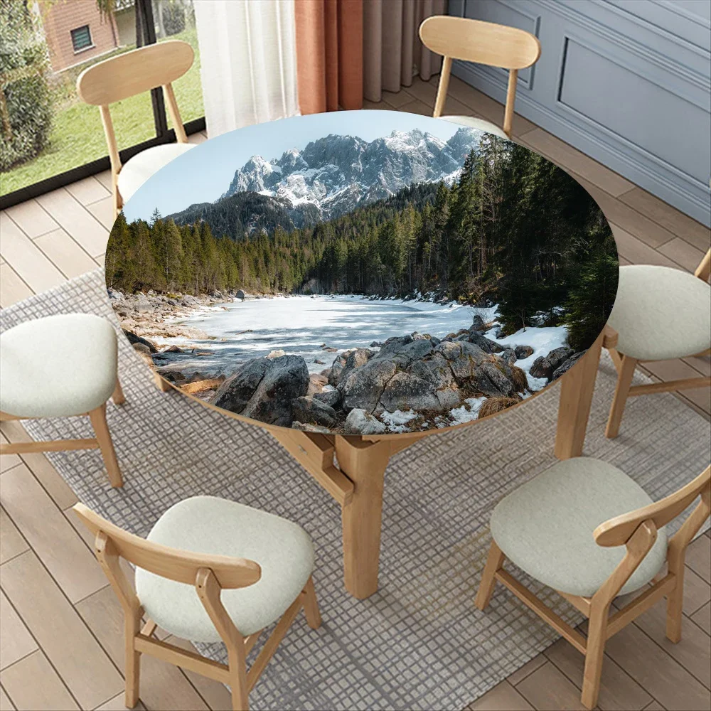 Landscape Tablecloth with Elastic Band Mountain Style for Summer Dining and Home Decor Waterproof Table Cloth