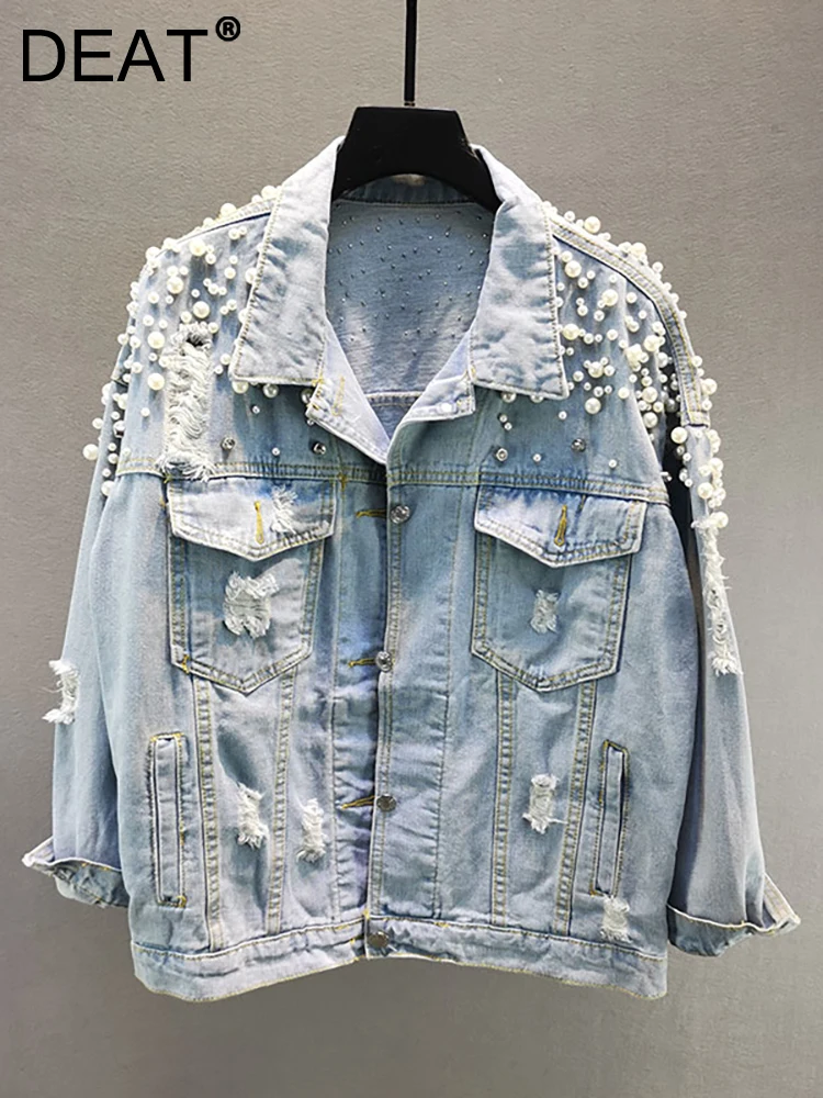 

DEAT Women's Denim Coat Ripped Broken Holes Pearls Embroidered Flares Loose Long Sleeve Jackets 2023 Autumn New Fashion 29L2580