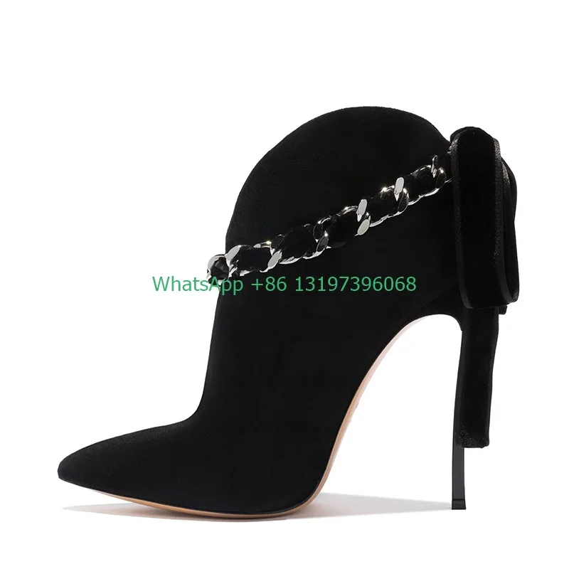 Women's Pink Suede Bow Lace Up Ankle Boots Pointed Toe Metal Stilettos 10cm Prom Banquet Elegant Boots Plus Size Footwear 33-43