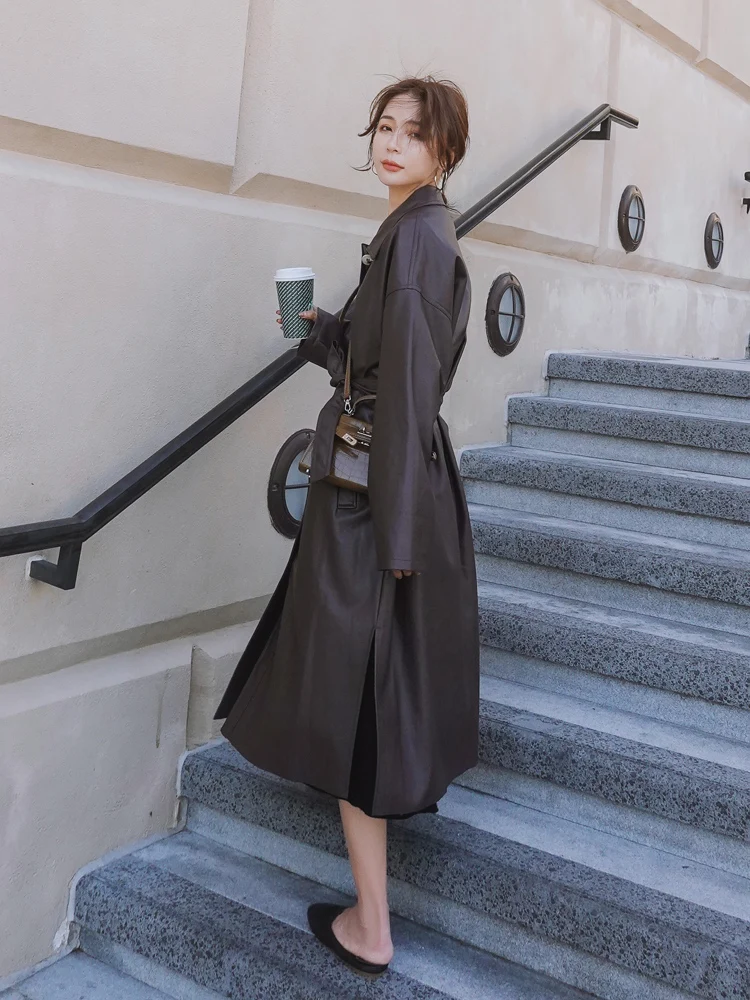 Long Leather Coat Women's Coat Medium Length Knee Length 2022 Elegant Lady Office Winter Autumn Leather Trench Coat for Women