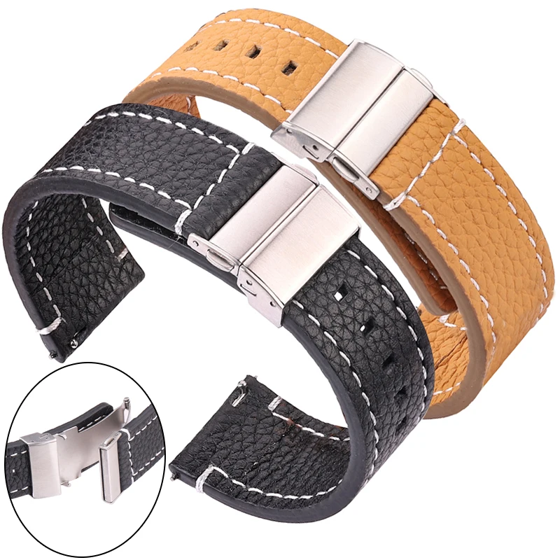 Genuine Leather Watch Band Strap Women Men 18mm 20mm 22mm 24mm Black Brown Blue Soft Cowhide Watchband With Deployment Clasp