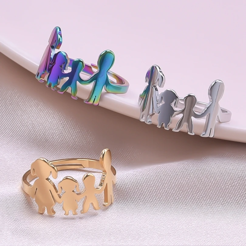 

10pcs Stainless Steel One Family Vintage Rings for Women Girl Trending Product Adjustable Open Ring Jewelry Kids Gifts Supplies