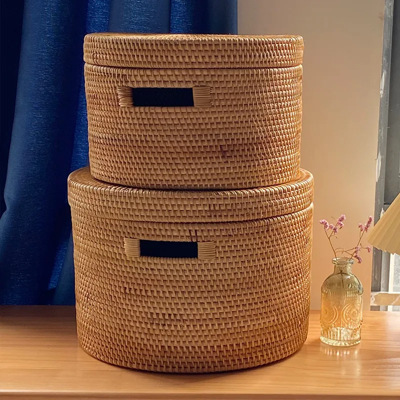 Woven Baskets Rattan Basket with Lid Wicker Fruit Bread Box Round Picnic Tray with Handle House Decorative Toy Storage