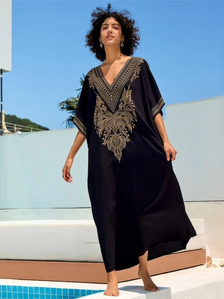2025 Print Maxi Dress Batwing Sleeve Tunic Spring Summer Beach Casual Plus Size Women Beachwear Kaftan Cover-ups