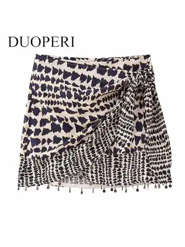 DUOPERI Women Fashion With Beading Printed Pleated Back Zipper Mini Skirts Vintage High Waist Female Chic Lady Skirts