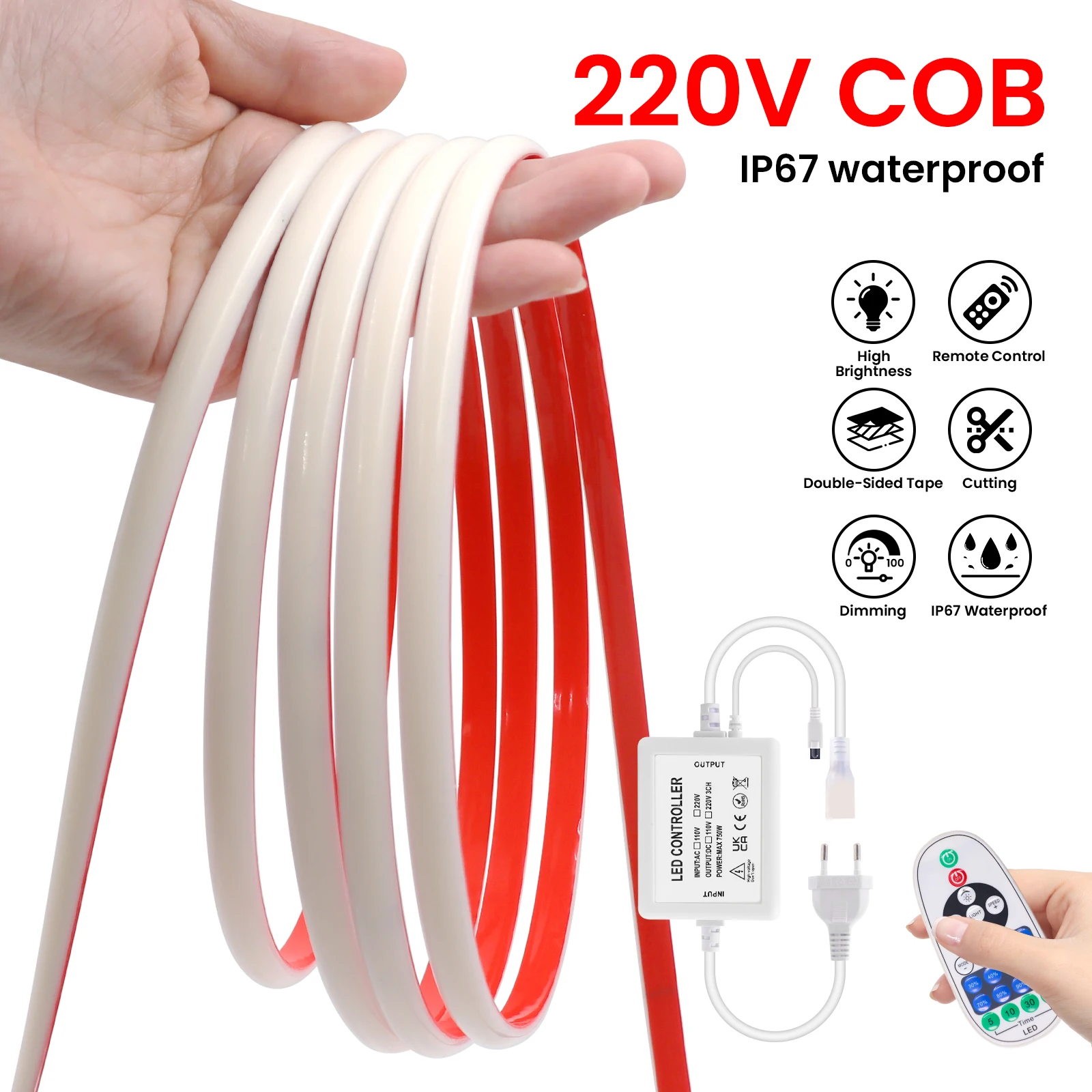 Фото Светодиодная неоновая лента AC 220V с ИК-пультом на 23 кнопки, COB LED, с диммером, вилка EU/UK/AU, теплый/нейтральный белый свет, водонепроницаемая, гибкая лента, 288 светодиодов, 0.5м/10м/25м №2