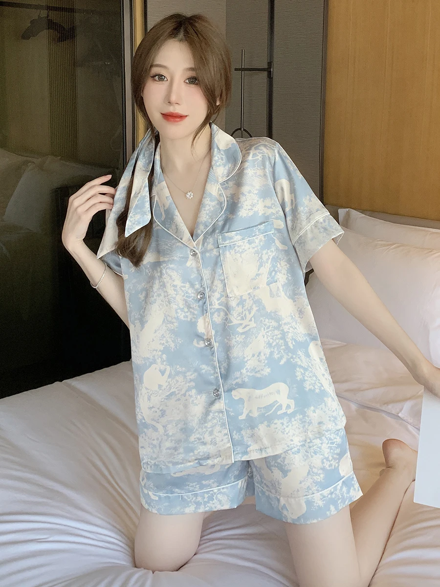 Summer new ice silk country tide print cardigan short-sleeved pajamas women's summer comfortable silk home service hairband