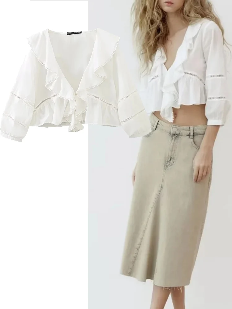 

Кроп-Топ женский однобортный с рукавами-фонариками