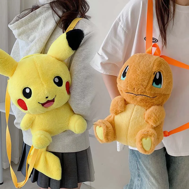 

Kawaii Pokemon Plush Dolls Backpack Anime Pikachu Charmander Genger Mimikyu Eevee Soft Stuffed Bag Large Capacity Schoolbag Gift