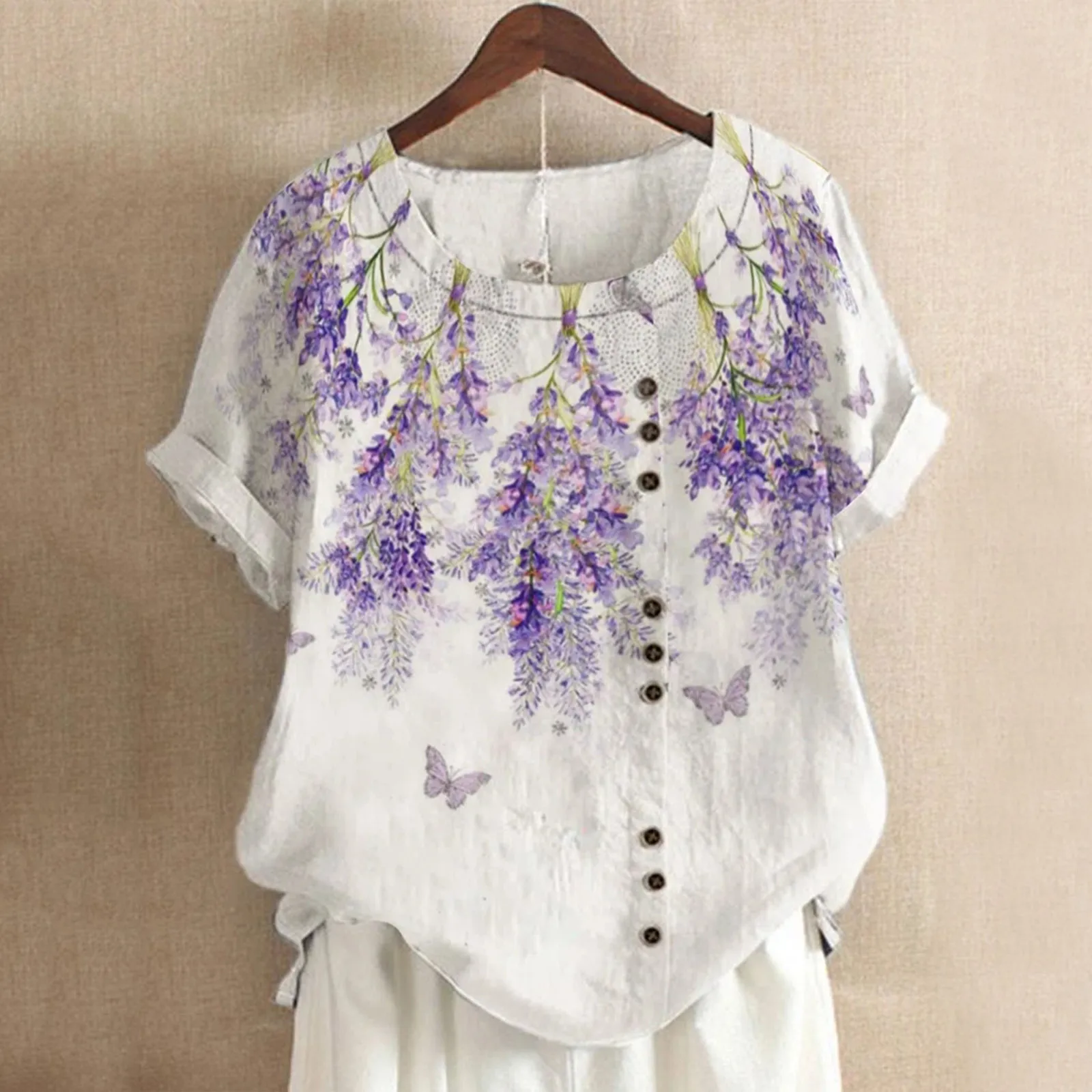 

Womens Cotton Linen T Shirt Top Loose Fit Casual Print Short Sleeve Button Tuned Short Sleeve Casual Shirts for Women