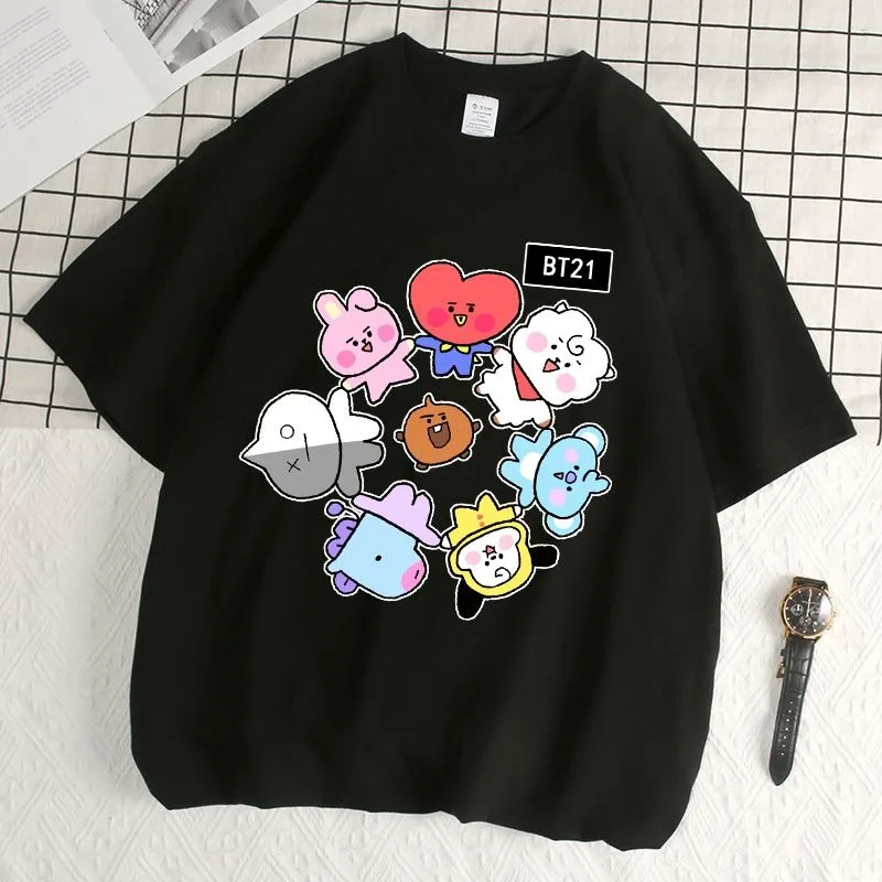 Фото Футболки с принтом BT21 в стиле аниме, милые повседневные удобные футболки с принтом, черные и белые топы, унисекс, подарки ﻿ №1