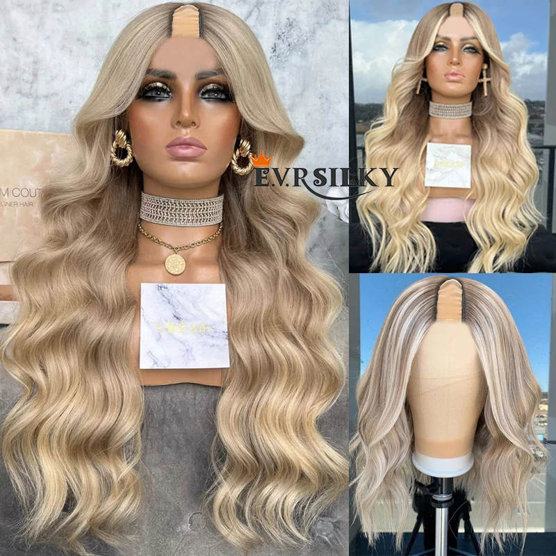 Ash Brown Roots Long Wavy Peruvian Human Hair U Part Wigs for Women Highlight Platinum Blonde 1x4 Opening U Part Wigs Remy Hair