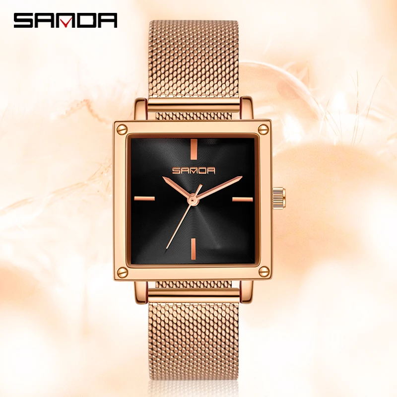 SANDA Casual Fashion Women Quartz Watch 2022 New Square Dial Design Trendy Womens Watches 30M Water Resistant Rose Gold Strap