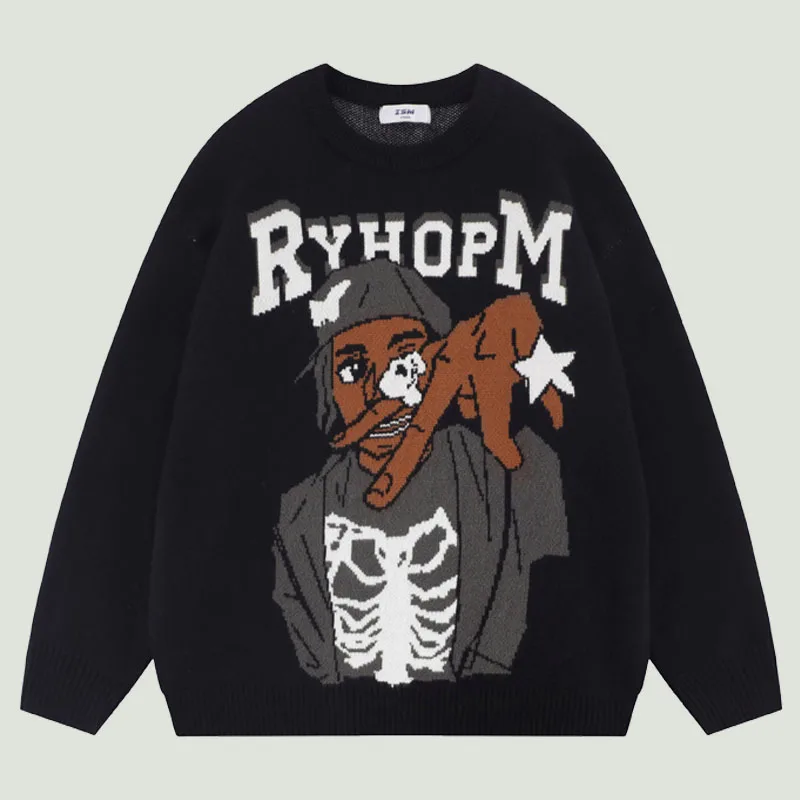 

Свитер мужской вязаный в стиле хип-хоп, уличная одежда в стиле аниме, каркас, портрет, джемпер оверсайз, винтажные повседневные свободные пу...