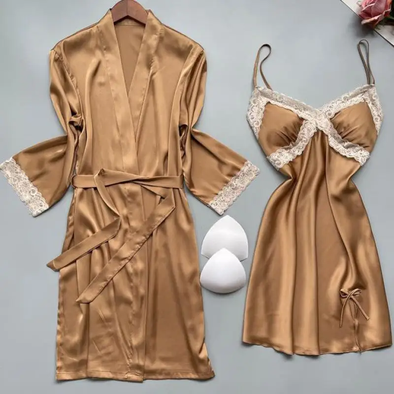 

2 Pieces Kimono Robe Gown Suit Women Sexy Sleepwear With Suspender Nightgown V-Neck Nightdress Bathrobe Set Summer Lingerie