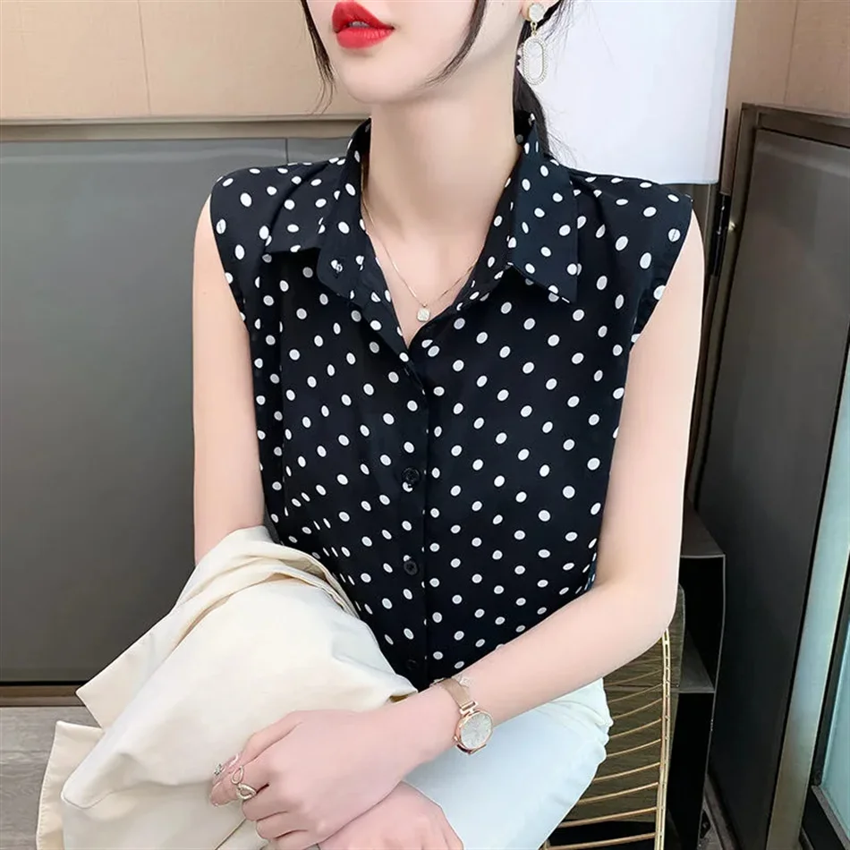 

Блузка женская шифоновая в горошек, Элегантная Модная Повседневная рубашка без рукавов, с отложным воротником, Свободный Топ, на лето