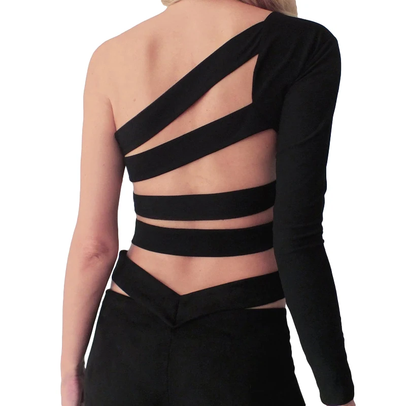 

One Shoulder Slope Neckline T Shirt Sexy Backless Bandage Long Sleeve Women's Tshirt Black Crop Top 2021 New Y2K 90S Clothes