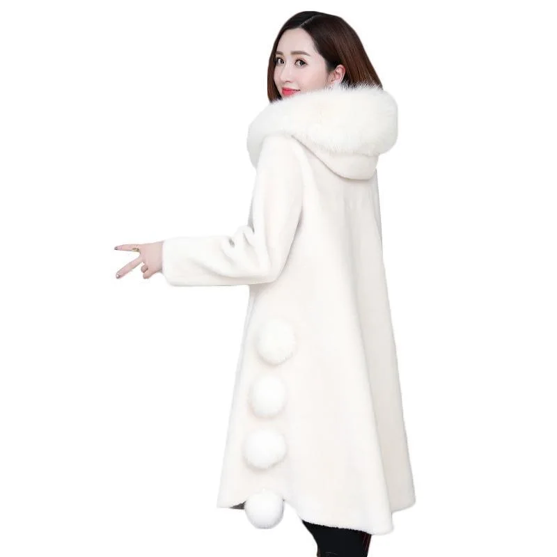 2022 new sheep shearling coat women's mid-length fur one fox fur grain wool fur coat