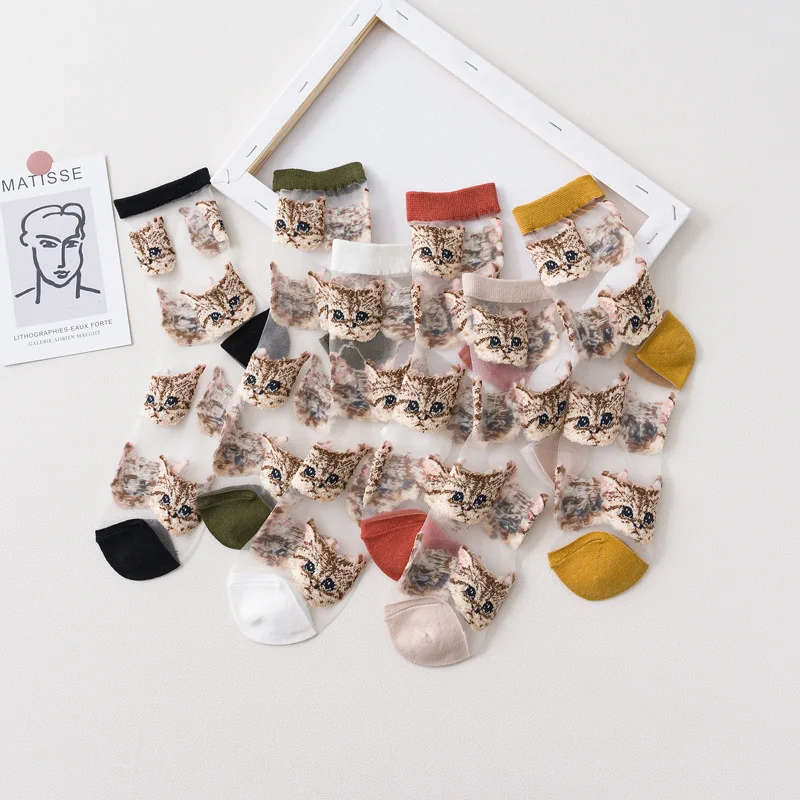 Japanese Transparent Cute Cartoon Cat Print for Women Harajuku Fashion Spring Summer Ultra-thin Funny Silk Socks Kawaii Socks