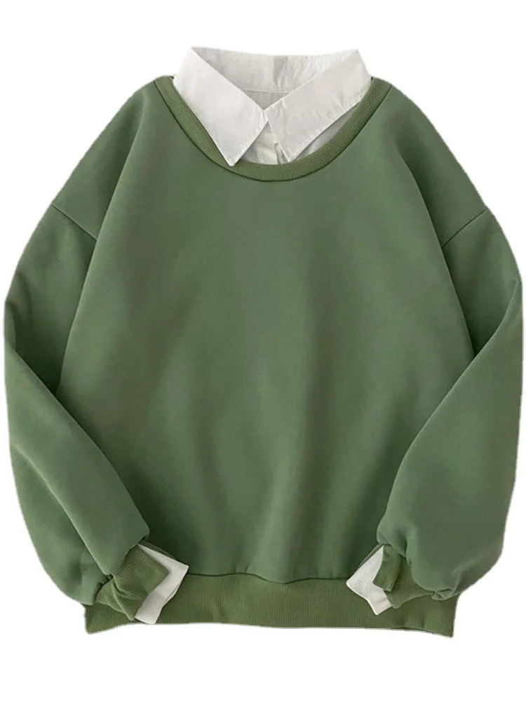 

Autumn Winter Fake Two-piece Oversized Women Sweatshirt Korean Style Fleece Hoodie Casual Pullovers Harajuku Solid Streetwear