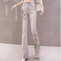 fashion embroidery flowers women jeans trousers high waist casual skinny beading flare pants