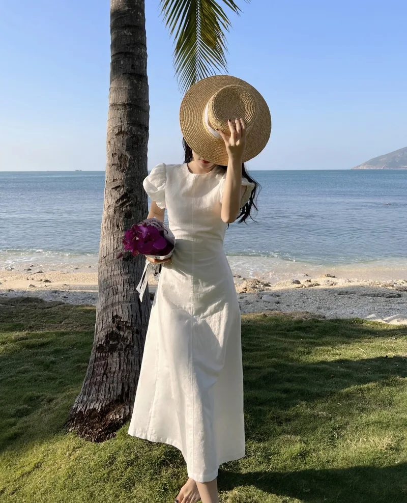 

White Summer Beach Style Robe Women Puff Sleeve Chic and Elegant Ladies Sundress Hollow Out Guest Wedding Dresses