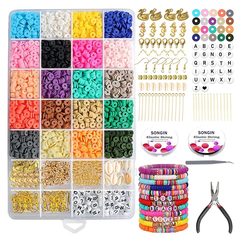 

1 Set Clay Beads Kit For Bracelet Making, Polymer Clay Flat Round Spacer Preppy Beads With Pendant Accessories