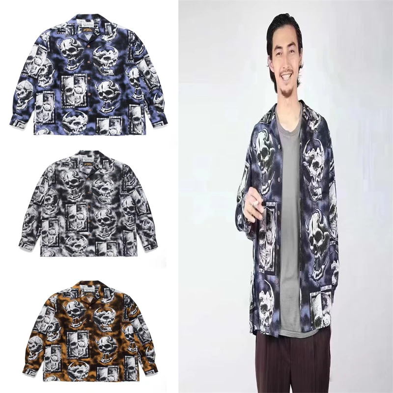

Long Sleeve WACKO MARIA Devil Skulls Bone Print Shirt Men Women Oversize Streetwear Shirts Clothes Japan