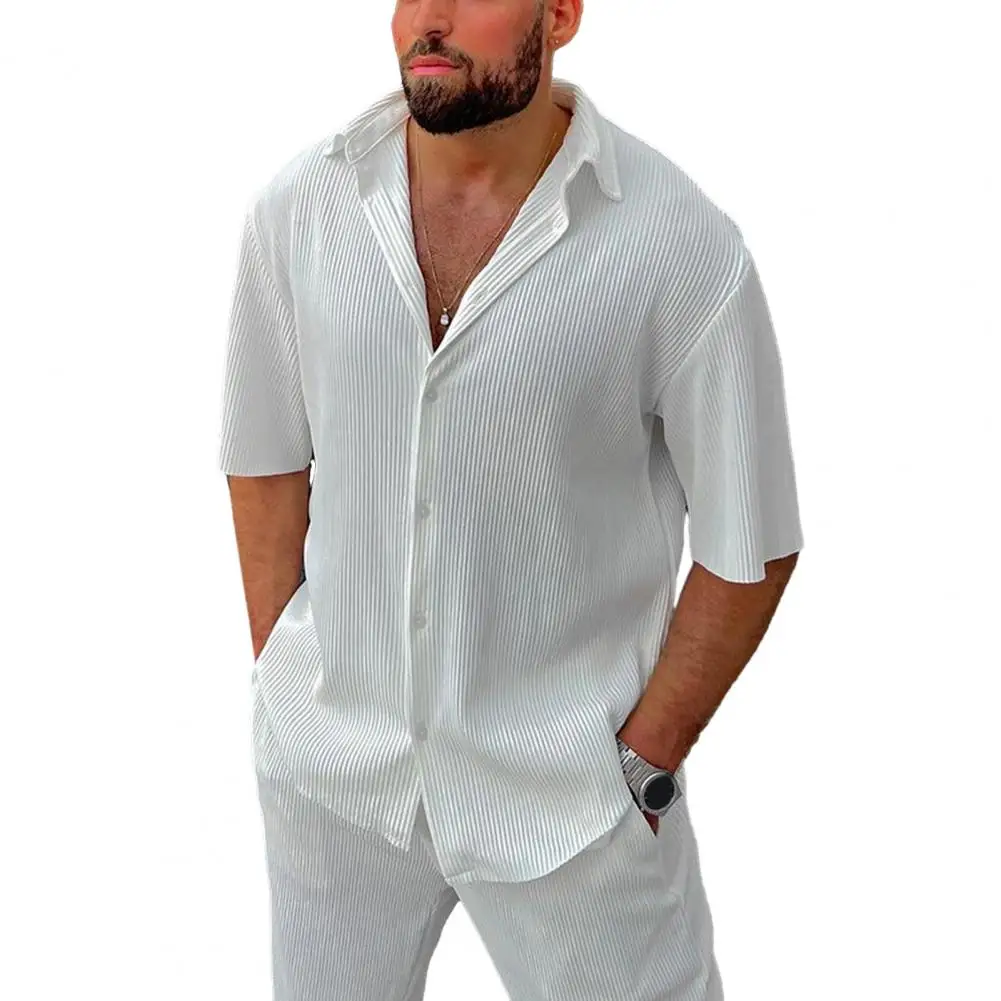 Casual Loose Shirt Pants Set Stylish Men's Shirt Pants Set Lapel Short Sleeves Loose Fit Solid Color Buttons for Summer Summer
