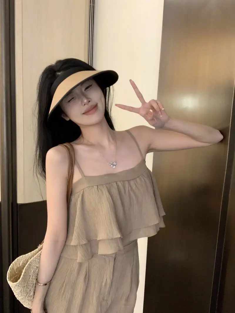 

Pure Desire Wind Set Summer Ruffled Camisole Top Coat, Simple High -waisted Straight Pants, Thin Mop Long Pants Wide -leg Pants
