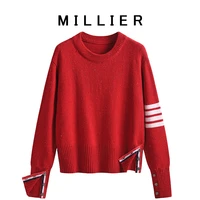 four bar red color point thickened sweater womens winter new round neck pullover tb college wind sweater
