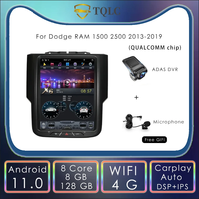 

10.4'' For Dodge RAM 1500 2500 2013-2019 Android Tesla Style Vertical Touch Screen Car Radio Navi Multimedia Stereo Carplay PX6