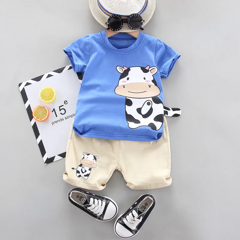 

2022 New Boys Cartoon Clothes Set Short Sleeve Shorts Cow Two-piece Children's Casual Top Fashion Kids Clothing 2-5 Years Old