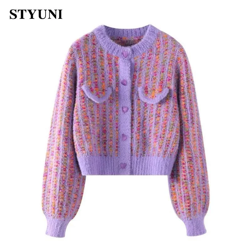 

Purple Plaid Imitation Mink Round Neck Knitted Women's Cardigan Korean Fashion Long Sleeve Single-breasted Winter Female Jumpers