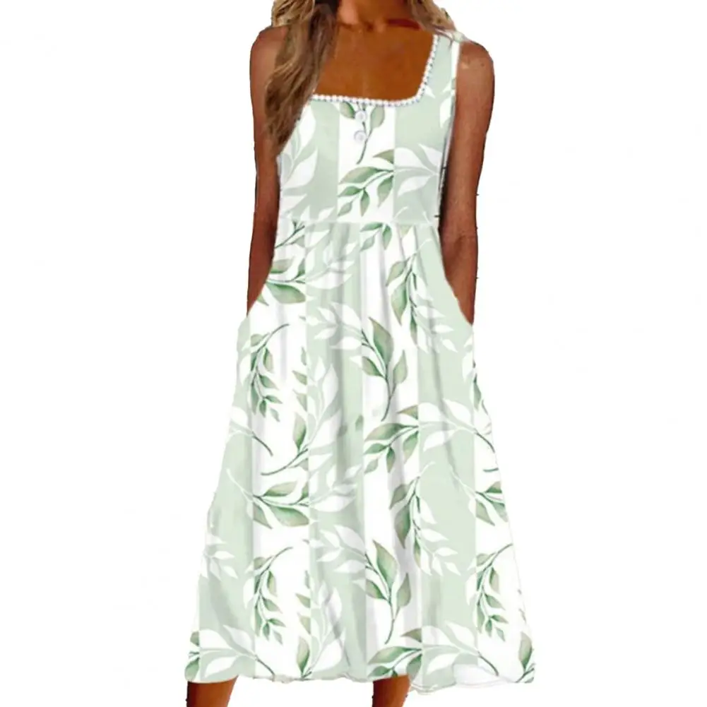 

Женское летнее платье с принтом листьев, свободное пляжное праздничное платье до середины икры с квадратным вырезом и широким подолом без рукавов, на бретелях, женская одежда
