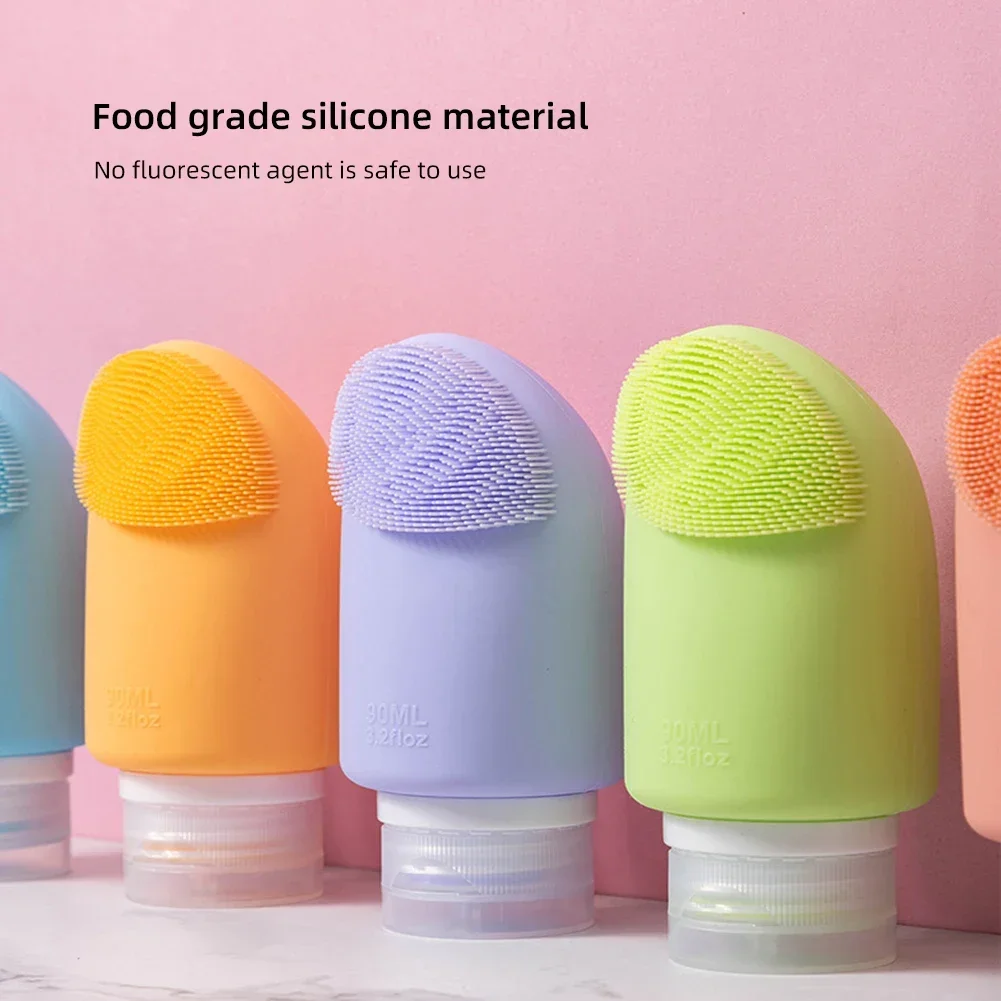 60/90ml Soft Silicone Sample Container Empty Lotion Squeeze Tube For Facial Cleanser Shower Gel Refillable Bottles With Brush