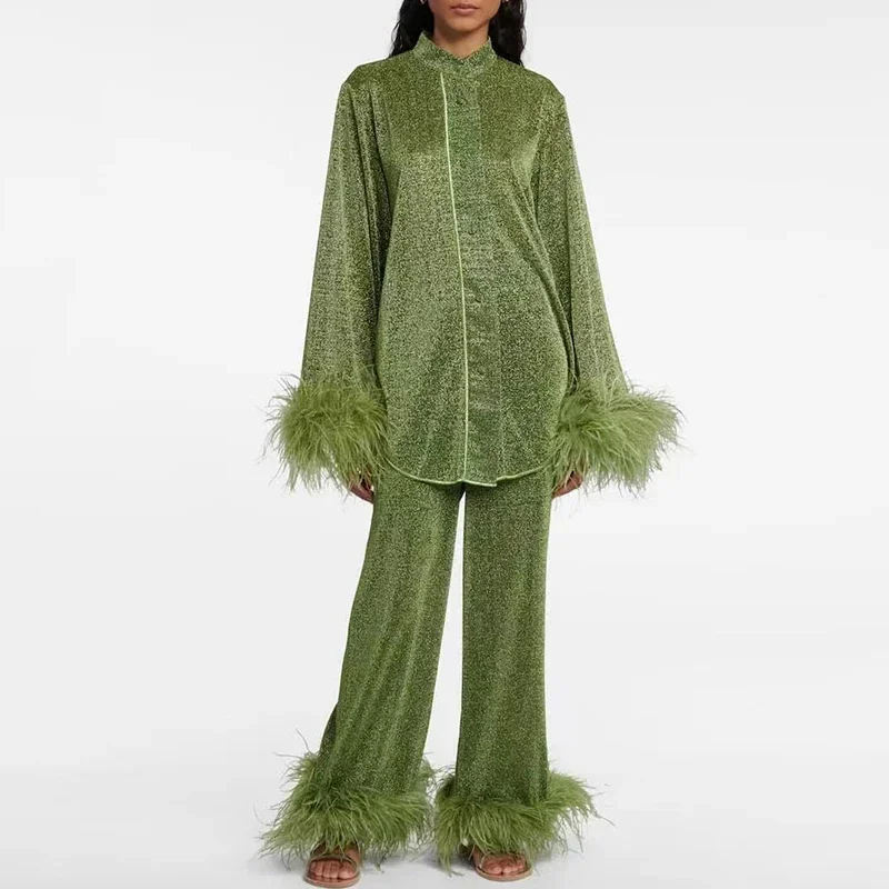 Элегантный женский наряд весенняя рубашка на пуговицах и брюки пижама из 2