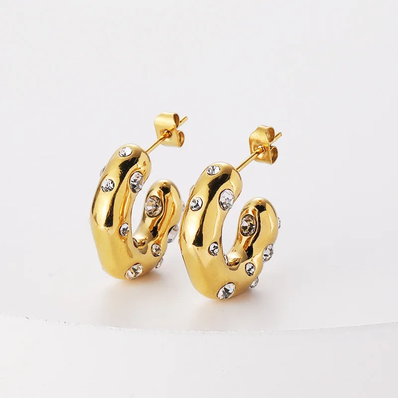 Shiny Multicolour Zircon CC Shape Hoop Earrings For Women 18K Gold Plated Stainless Steel Circle Earrings Jewelry