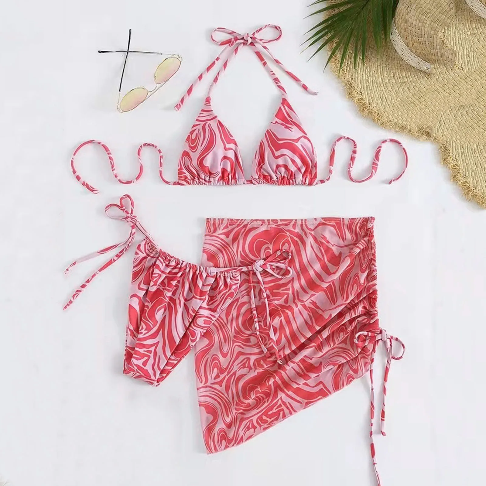 

2022 New Tie Dye Print Bikinis Women Bandeau Bandage Bikini Set Push-up Brazilian Biquini Halter Swimwear Three Pieces Swimsuit