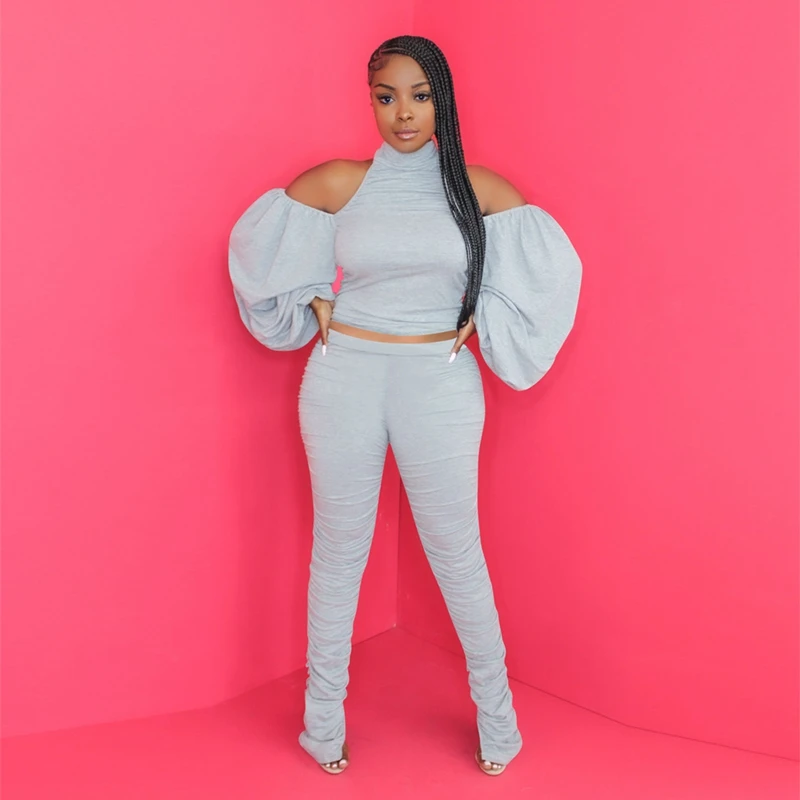 

Комплект из двух предметов, Женский Осенний укороченный топ с открытой спиной и рукавами-фонариками, комплекты со штанами и леггинсами, Пов...