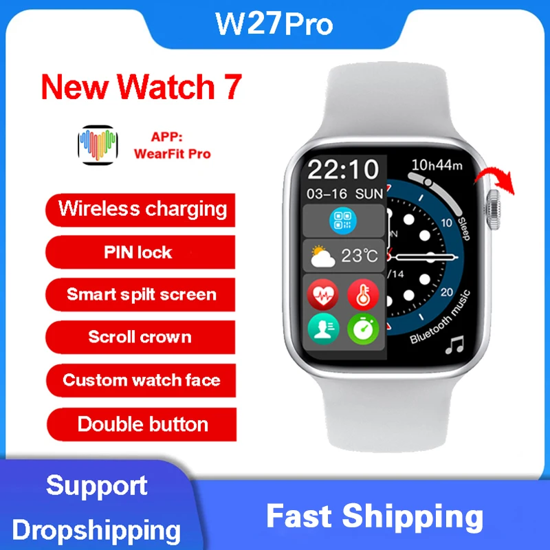 

W27 Pro Smartwatch Men Support NFC Siri Series 7 44mm Wireless Charging Sport Waterproof Smart Watch Split Screen PIN Lock