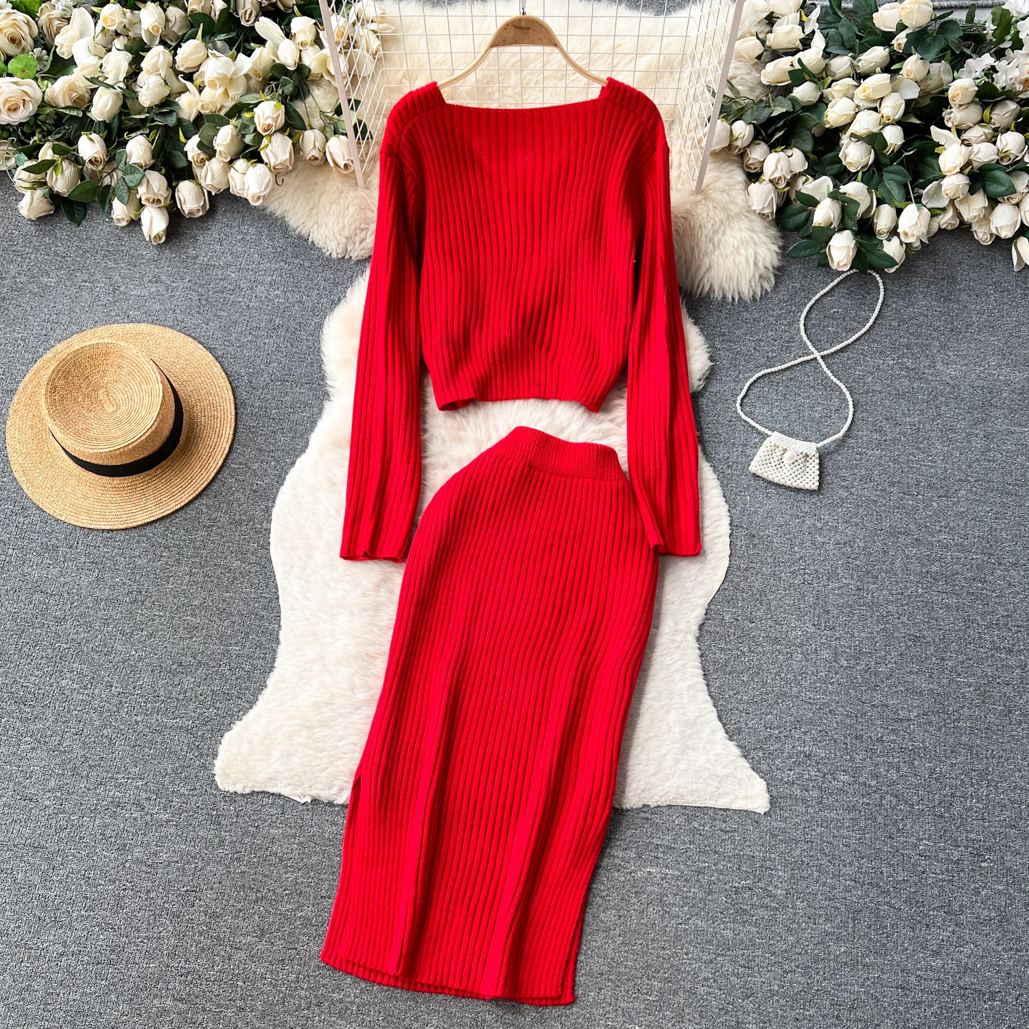 

Women Knit Criss-Cross Short Style Jumper Tops Sweater+Slim Skirts Two Pieces Suits Knitting Soild Maxi Skirts Sets