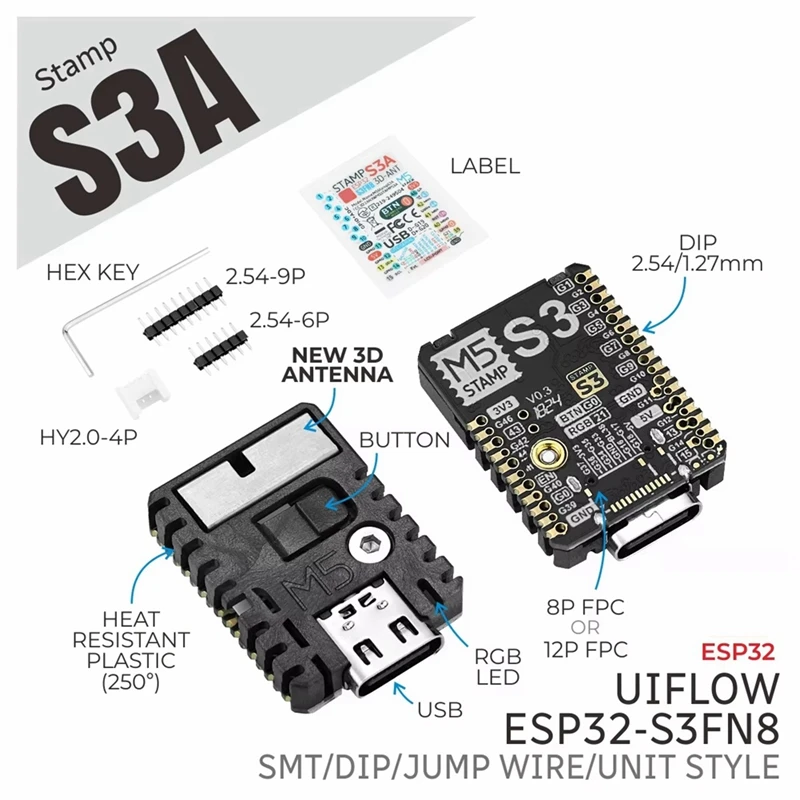 Фото Модуль M5stamp ESP32S3A, встраиваемый модуль ESP32-S3, основная плата IoT, 8 МБ Flash, 23xGPIO, улучшенная антенна - A69M №2